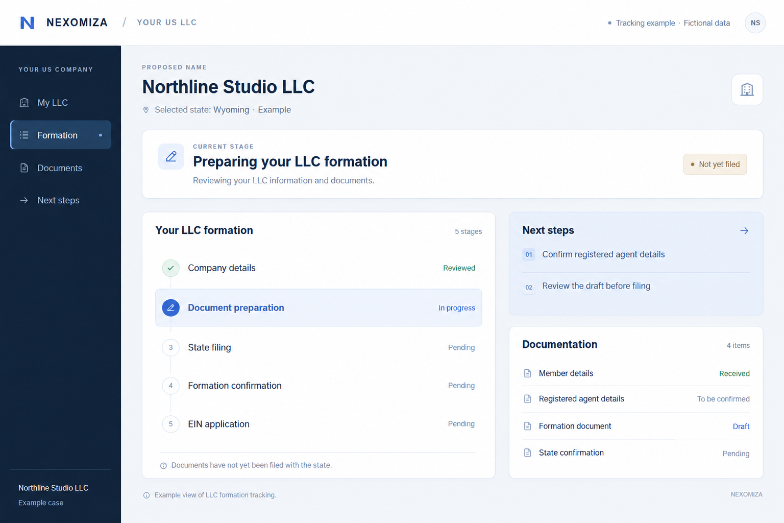Example of Northline Studio LLC formation: details reviewed, documents in preparation, state filing and EIN pending.