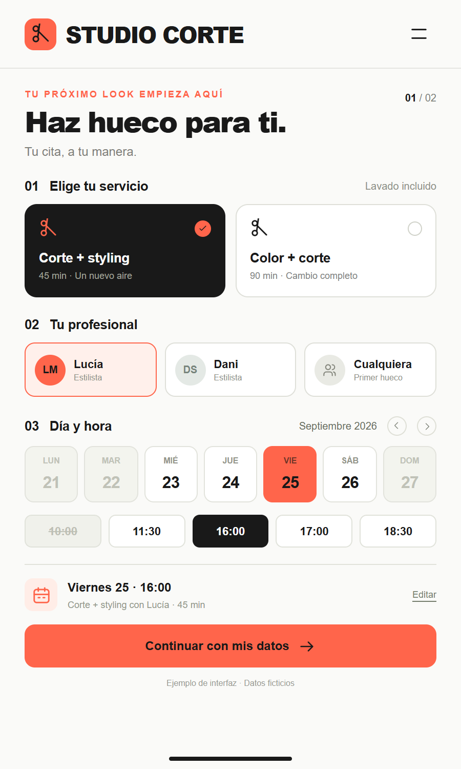 Fictional Studio Corte mobile application with service, stylist, date and time selection.