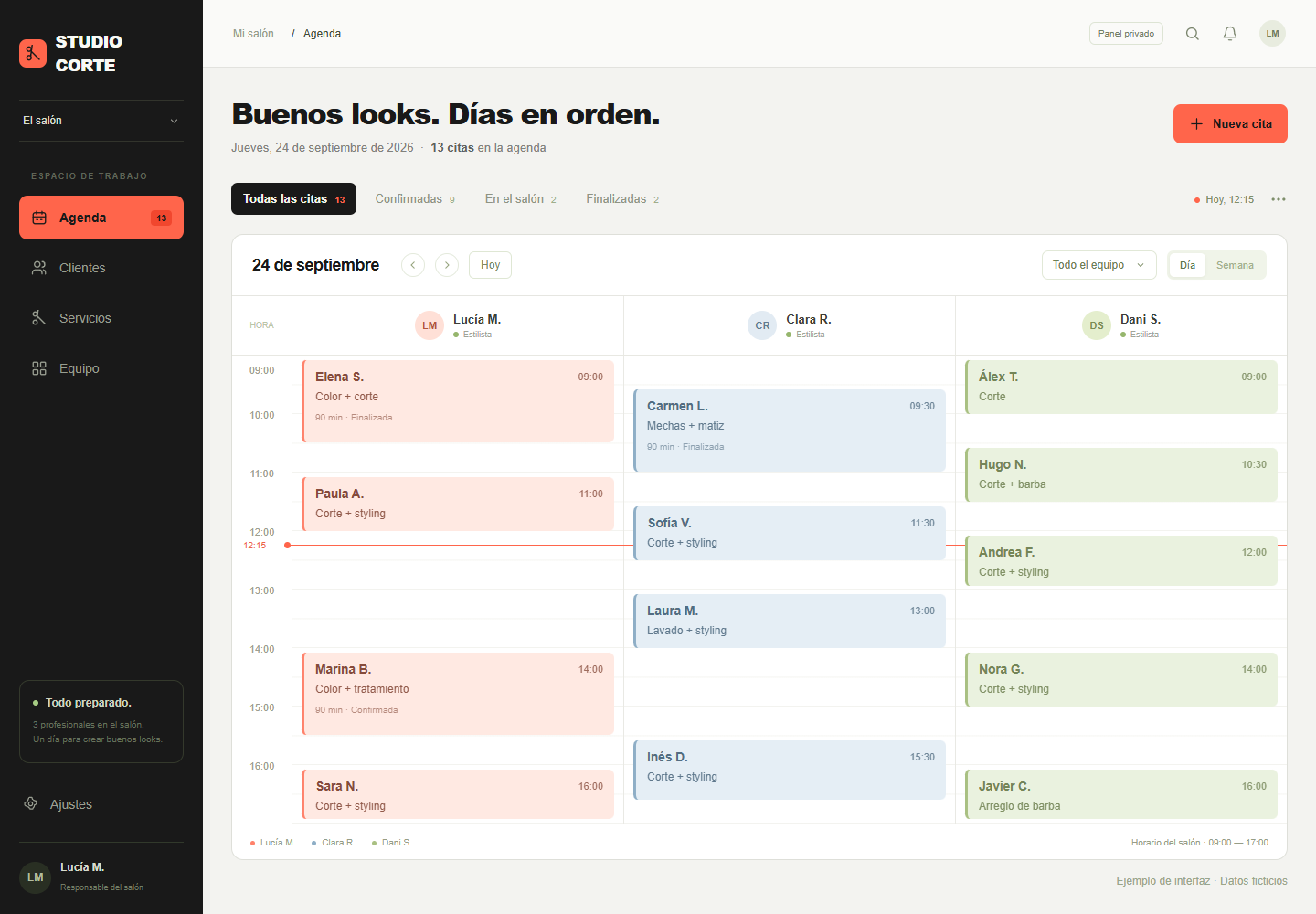 Fictional Studio Corte private dashboard with appointments and staff schedules.